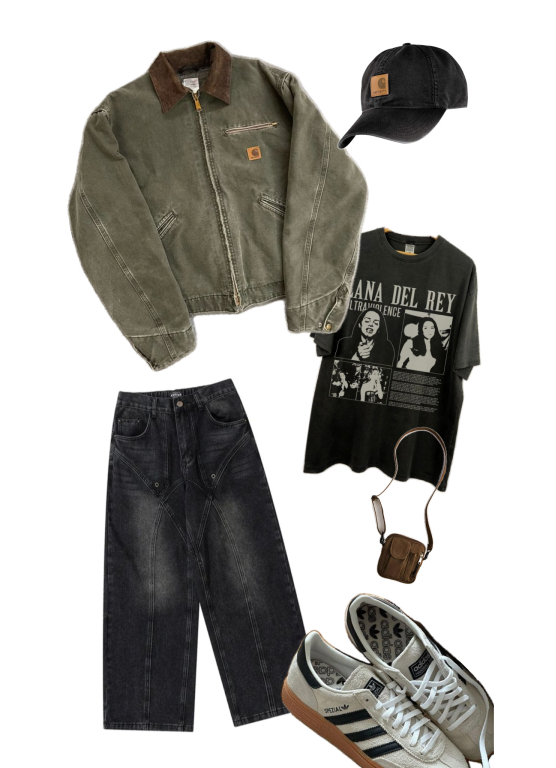 Urban streetwear collage: Carhartt jacket, graphic tee, wide-leg jeans, cap, sneakers.